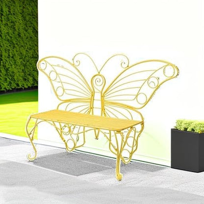 Plow & Hearth Weatherproof Butterfly Outdoor Bench | Holds Up to 300 lbs | Garden Patio Porch Park Deck | Metal | Yellow