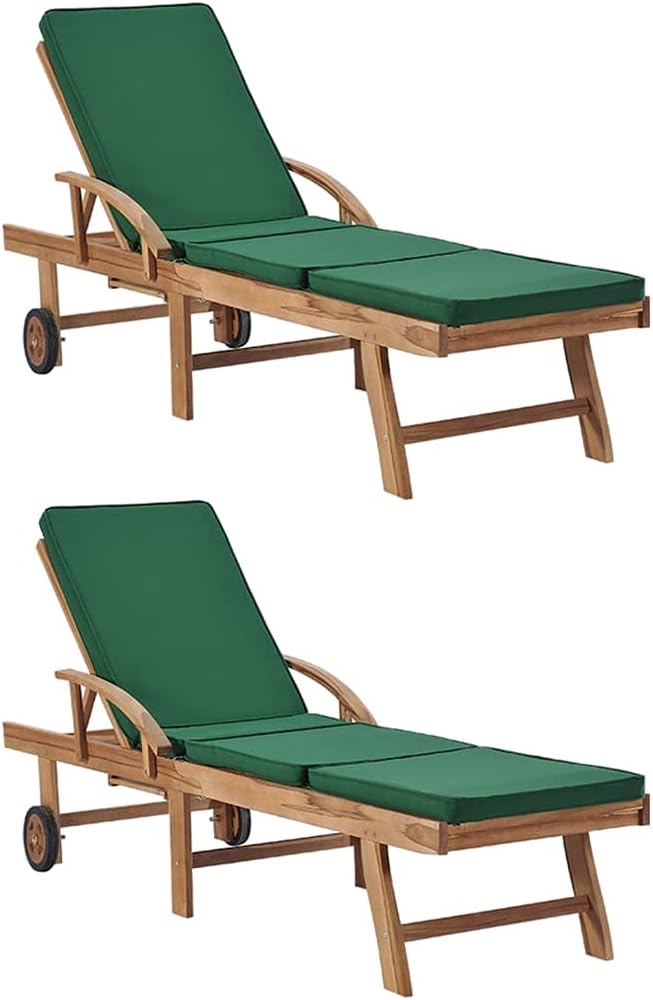 Sun Lounger Set of 2, Outdoor Patio Chaise Lounge Chairs with Adjustable Backrest and Wheels, Solid Teak Wood Poolside Garden Furniture, Green Polyester Cushions for Relaxation