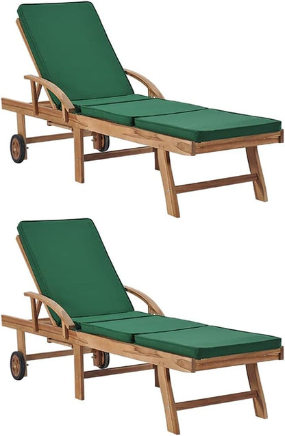 Sun Lounger Set of 2, Outdoor Patio Chaise Lounge Chairs with Adjustable Backrest and Wheels, Solid Teak Wood Poolside Garden Furniture, Green Polyester Cushions for Relaxation