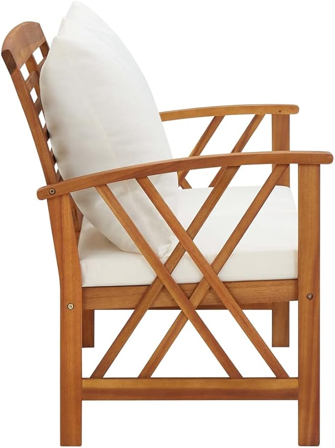 Garden Bench with Cream White Cushions and Brown Acacia Wood, 46.9 by 26.4 Inch Retro Style Outdoor Seating for Patio - Photo 4