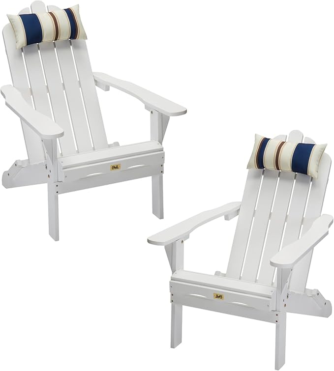 White Adirondack Chairs Set of 2 Outdoor Patio Folding Lounge Wood Outside Deck, Porch, Lawn, Pool, Yard, Garden, Fire Pit, Heavy Duty