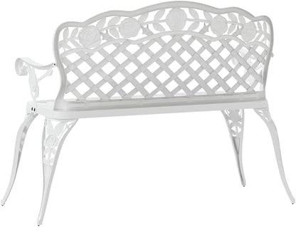 Traditional Cast Aluminum Garden Bench with Floral Patterns, 42.5 Inch Width, White Finish, Durable Outdoor Seating, Elegant Patio Furniture