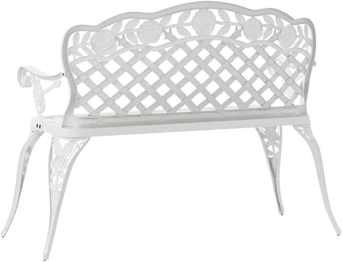 Traditional Cast Aluminum Garden Bench with Floral Patterns, 42.5 Inch Width White Outdoor Bench for Patio and Garden, Durable Metal Seating with Scrollwork Design