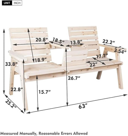 FORTUNO Cedar/Fir Log Wood Patio Garden Bench with Foldable Table, Outdoor Wooden Porch 3-Seat Bench Chair for Garden Balcony Patio Backyard, Natural Finish