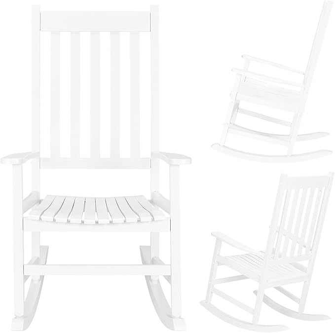 Outdoor Porch Rocker Chairs,Weather Resistant Wood Rocking Chair for Adults,Modern Rocking Accent Chairs,Indoor Outside Furniture Rocker,with Armrest,for Garden Lawn Backyard Poolside Deck (White)