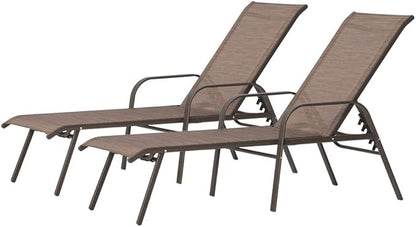 Crestlive Products Adjustable Chaise Lounge Chair, Five-Position and Full Flat Outdoor Recliner for Patio, Deck, Beach, Yard, Pool (2PCS Brown)