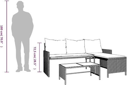 vidaXL Patio Sofa Set - L-Shaped Black Poly Rattan, Powder-Coated Steel Frame with Cream Cushions, Tempered Glass Coffee Table for Garden/Deck