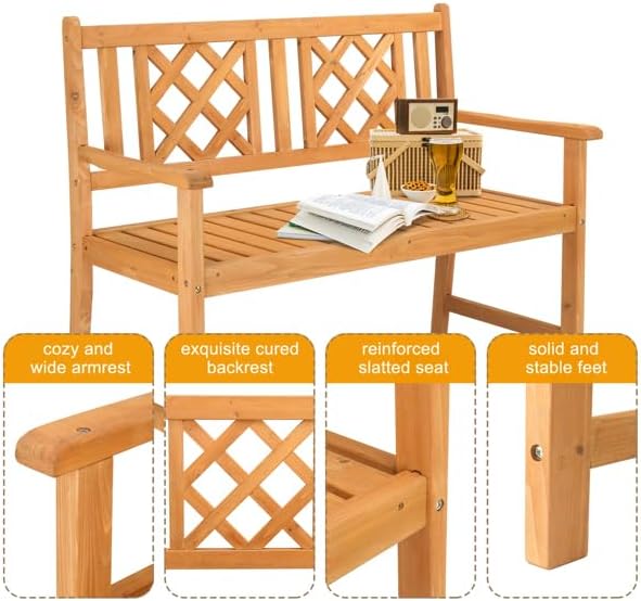 Outdoor Garden Wooden Bench with Fir Grid Back, Burlywood Patio Seat for Porch Deck Yard, Weather-Resistant Slatted Design with Armrests, Folding Structure for Comfort Lounging and Rustic Style Décor
