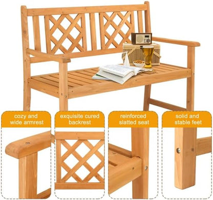 Outdoor Garden Wooden Bench with Fir Grid Back, Burlywood Patio Seat for Porch Deck Yard, Weather-Resistant Slatted Design with Armrests, Folding Structure for Comfort Lounging and Rustic Style Décor