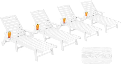 Chaise Lounge Chair Outdoor with Wheels, Oversize Patio Lounge Chairs with Wood Texture, 5-Position Plastic Lounge Chairs Set of 4-White(Separate Delivery)