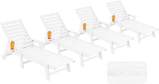 Chaise Lounge Chair Outdoor with Wheels, Oversize Patio Lounge Chairs with Wood Texture, 5-Position Plastic Lounge Chairs Set of 4-White(Separate Delivery)
