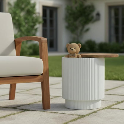 Christopher Knight Home Utara Patio Lightweight Concrete Round Coffee Table with Storage, Indoor and Outdoor End Table, MGO Outdoor Side Table with Acacia Wood Top, No Assembly, White + Brown