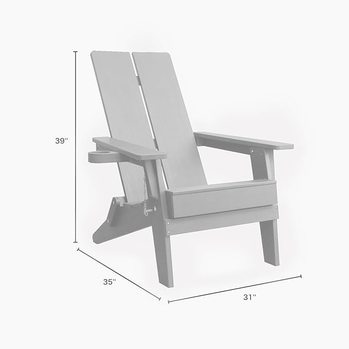 Modern Folding Adirondack Chair, All-Weather HIPS Plastic Outdoor Lounge with Cup Holder, Stackable Resin Patio Chair for Fire Pit, Garden, Deck & Backyard Seating (Gray)