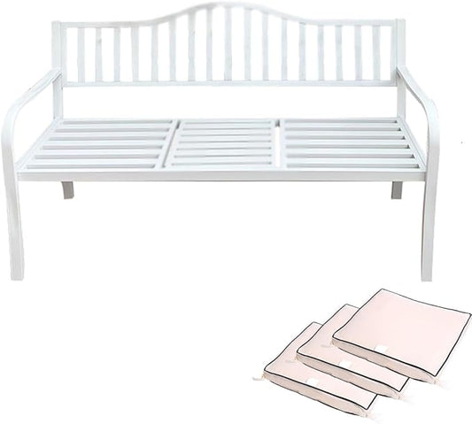 Metal Garden Bench, Patio Porch Furniture, All-Weather Outdoor Bench, Outdoor Benches with Foldable Small Table Plate(White)