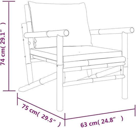 Garden Chair with Cream Cushions Bamboo Polyester Foam PP Cotton, Set of 2 Outdoor Patio Seating with Removable Covers for Balcony and Small Spaces