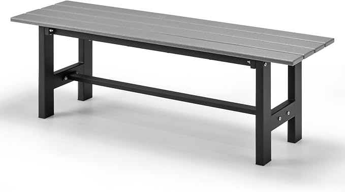 Tangkula 47 Inch HDPE Outdoor Bench Backless, Patio Garden Dining Bench with Slatted Seat & Heavy-Duty Metal Frame, 660 LBS Capacity, Weatherproof Outside Bench for Park, Yard, Entryway & Porch, Grey