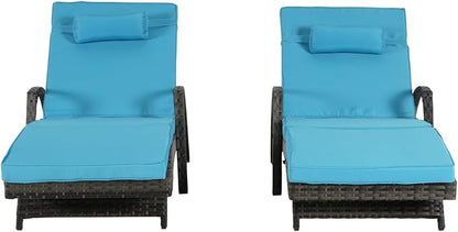 KEIKI Wicker Outdoor Chaise Lounge Chairs Set of 2 for Patio & Pool Side with 5-Level Adjustable Backrest and Cushions, Garden Beach Upholstered Couches Folding Sun Reclining Sofa Bed