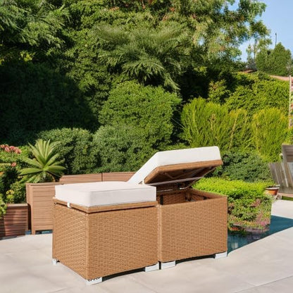 Best Choice Products Set of 2 Wicker Ottomans, Multipurpose Outdoor Furniture for Patio, Backyard, Additional Seating, Footrest, Side Table w/Storage, Removable Cushions - Natural/Ivory