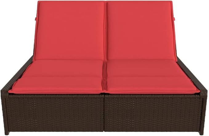 Brown PE Rattan Double Outdoor Lounge Chair 78.7×46.5×32.7in Adjustable Backrest Chaise for Patio Garden Poolside 2-Person Sun Lounger Powder-Coated Frame Easy-Clean Cushions