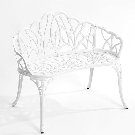 Patio Aluminum Outdoor Bench, Garden Metal Loveseat Furniture, Vintage Tulip Carving Antique White Front Porch Chair Seat