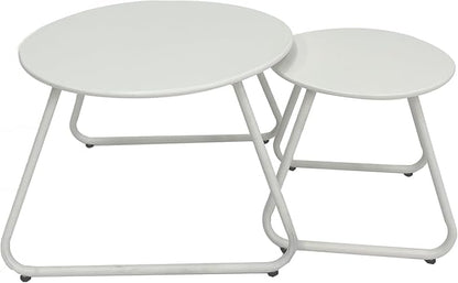 Patio Outdoor Coffee Table Set of 2, Weather Resistant Steel Round End Tables, Outdoor Nesting Table for Patio, Balcony, Bistro and Indoor, Black (White)