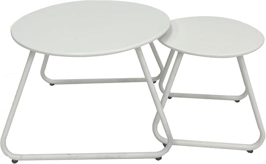 Patio Outdoor Coffee Table Set of 2, Weather Resistant Steel Round End Tables, Outdoor Nesting Table for Patio, Balcony, Bistro and Indoor, Black (White)