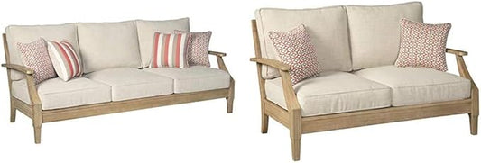 Signature Design by Ashley Clare View Coastal Outdoor Patio Eucalyptus Sofa + Loveseat with Cushions, Beige