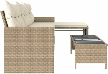 vidaXL L-Shaped Patio Sofa Set in Beige Poly Rattan – Outdoor 3-Seater Lounge with Table, Cushions & Washable Covers