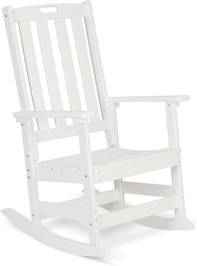 Aoodor Outdoor Rocking Chair, Ergonomic HDPE Rockers with All-Weather Design for Patio or Porch, Color White