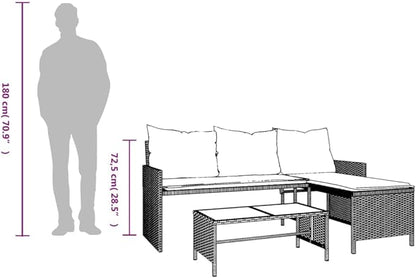 vidaXL Patio Garden Sofa Set L-Shaped Gray Poly Rattan with Table - Outdoor Seating with Washable Cushions for Deck, Terrace
