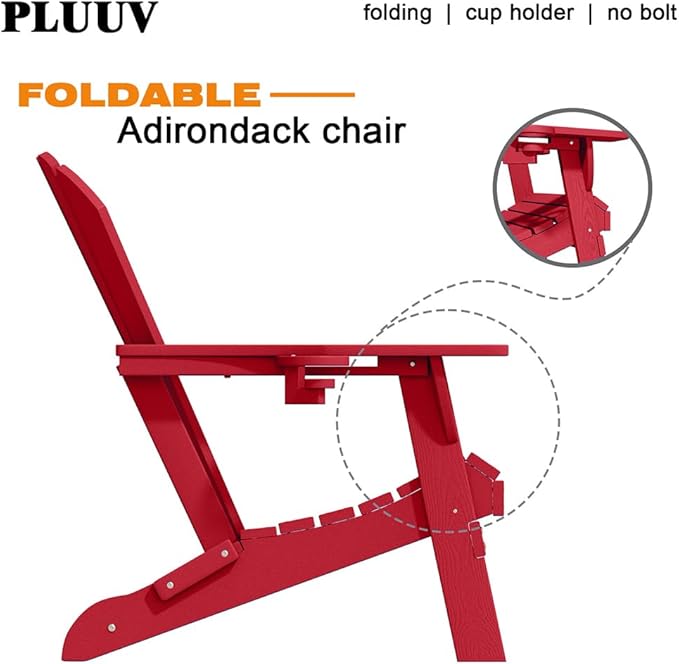 Folding Adirondack Chair with Cup Holders Set of 2, HDPE Plastic Outdoor Chairs, Weather Resistant - Photo 4