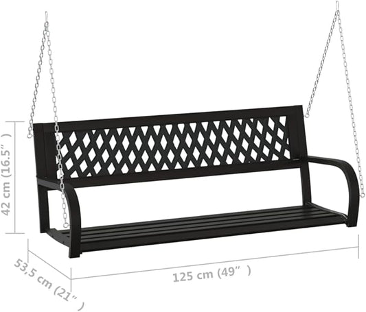 Black Steel Garden Swing Bench, Weatherproof Outdoor Patio Furniture for Two Adults, Durable Powder-Coated Metal Frame, 49.2-inch Wide Seating