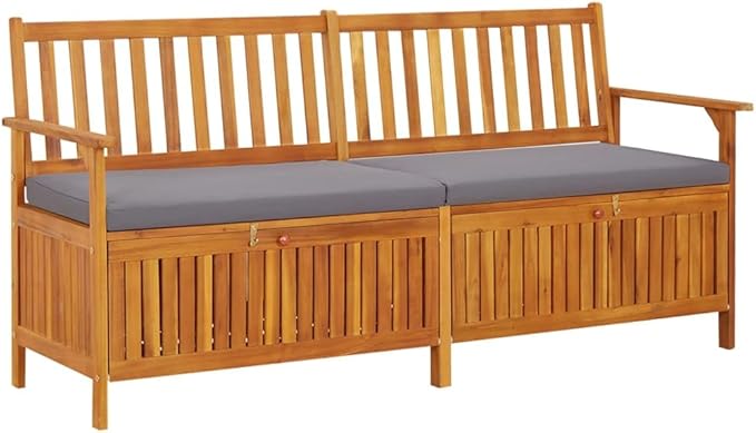 Solid Acacia Wood Storage Bench 67 Inch Rectangular Outdoor Patio Furniture with Thick Cushion, Modern Black Brown Color for Garden Terrace Seating and Organizing