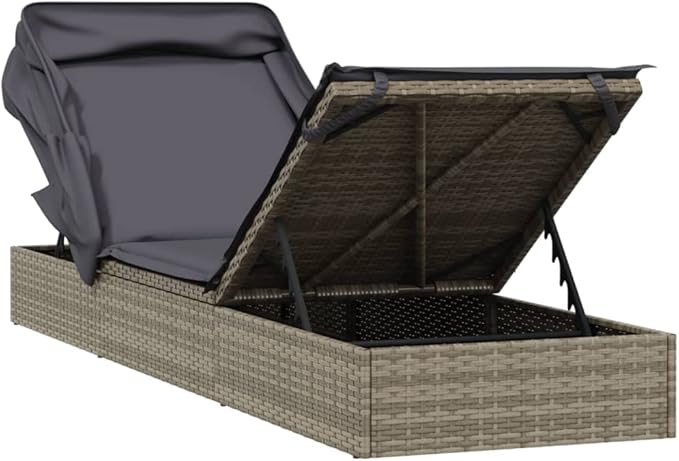 Grey PE Rattan Outdoor Chaise Lounge with Adjustable Canopy 83.1 x 25.6 in Powder-Coated Steel Frame Cushioned Sunbed - Photo 9