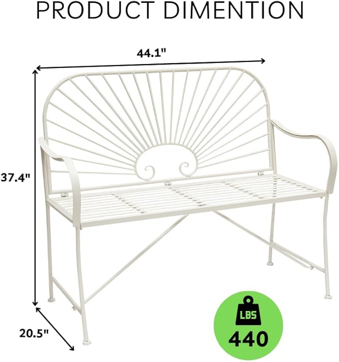 XBrand 44" L Iron Sun-Patterned Seat for Two, Patio & Porch Furniture for Park, Yard, Lawn, Balcony, Backyard – White - Photo 3