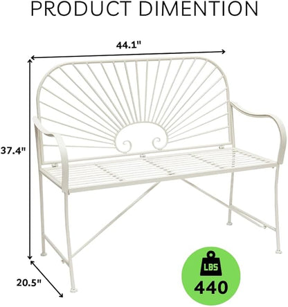 XBrand 44" L Iron Sun-Patterned Seat for Two, Patio & Porch Furniture for Park, Yard, Lawn, Balcony, Backyard – White