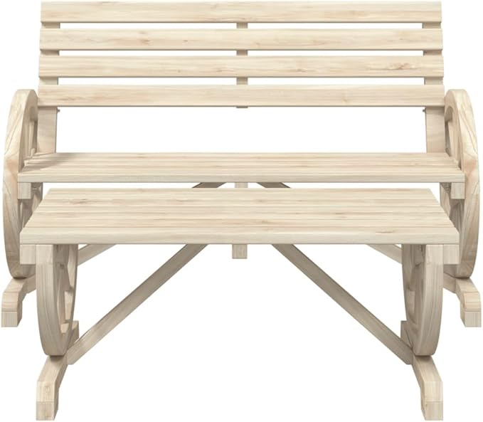2-Piece Garden Lounge Set Solid Fir Wood Bench and Coffee Table with Wagon-Wheel Armrests for Outdoor Patio Rustic Farmhouse Style Durable Weather-Resistant