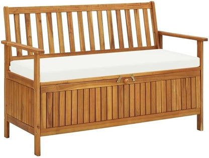 BOWERY HILL Solid Acacia Wood Cushion Storage Bench, Natural Finish, Rectangular 47.2 x 47.2 x 33.1 in, Indoor/Outdoor Use, Rustic Style, Hallway or Garden Seating with Hidden Storage