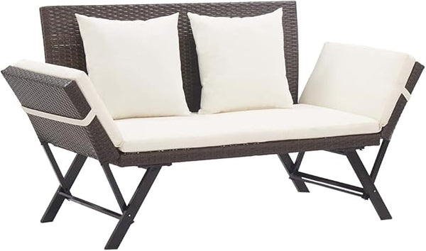 Garden Bench Deck Bench Patio Bench with Cushions 69.3" Brown Poly Rattan - Photo 1