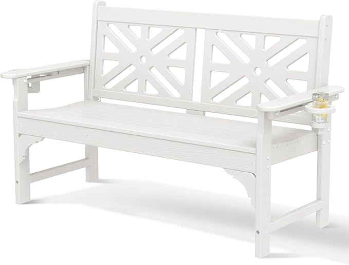 Oversized Outdoor Bench with Cup Holders, 51.5” HDPE Aesthetic Garden Bench for 2 Person - Photo 1