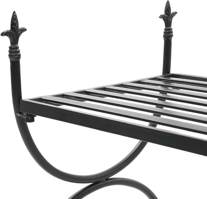 Vintage Black Metal Garden Bench with Decorative Inlays, Durable Wrought Iron Construction for Outdoor Patio and Indoor Entryway, Spacious Seating for Two Adults, Classic