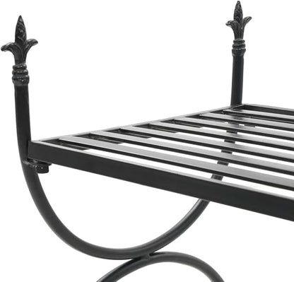 Vintage Black Metal Garden Bench with Decorative Inlays, Durable Wrought Iron Indoor Outdoor Seating for Patio Entryway, Rectangular Design Comfortable Two Person Bench