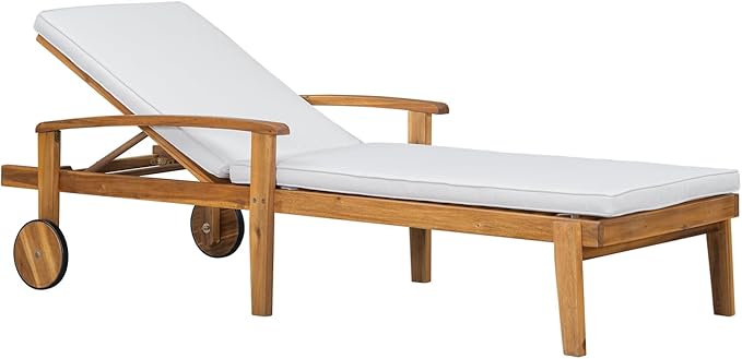 Outdoor Chaise Lounge Chair, Pool Lounge Chairs with Wheels, 5-Position Adjustable Backrest & Wood Frame, Patio Lounge Chair for Pool Poolside Sunbathing Backyard Beach (Teak+ Beige)