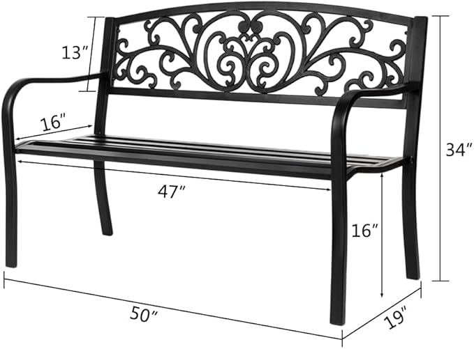 50 Inches Outdoor Garden Bench Cast Iron Metal Frame Furniture with Floral Design Backrest for Porch Yard Lawn Deck, Black