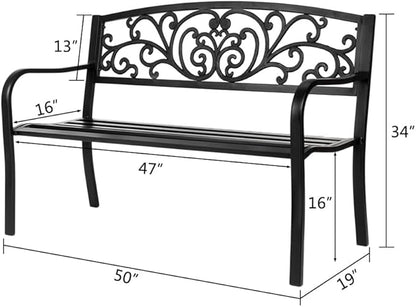 50 Inches Outdoor Garden Bench Cast Iron Metal Frame Furniture with Floral Design Backrest for Porch Yard Lawn Deck, Black