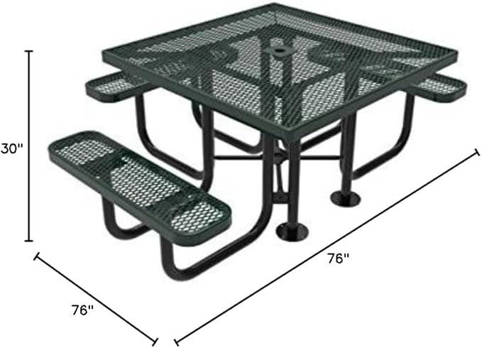 COATEDOUTDOORFURNITURE Heavy-Duty Portable ADA-Compliant Outdoor Picnic Table with Umbrella Hole, Expanded Metal Patio Dining Furniture Made in America (46" Square Top, Green)