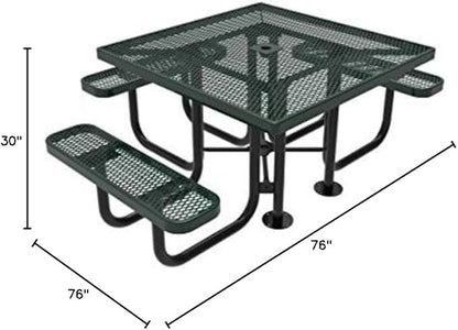 COATEDOUTDOORFURNITURE Heavy-Duty Portable ADA-Compliant Outdoor Picnic Table with Umbrella Hole, Expanded Metal Patio Dining Furniture Made in America (46" Square Top, Green)