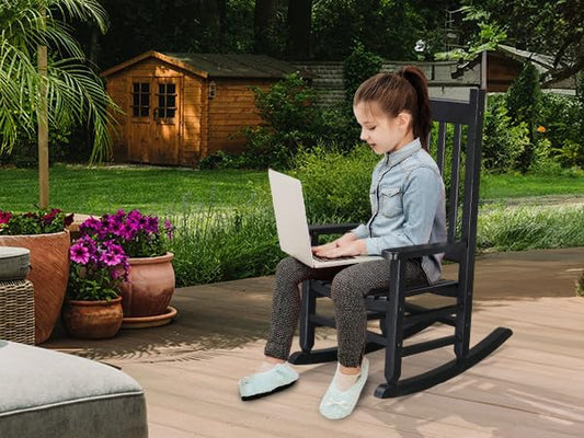 Outvita Wood Children's Rocking Chair, Perfect for Indoor or Outdoor All-Weather Wooden Porch Rocker for Garden, Yard, and Balcony, Patio Rocking Chair Suitable for Kids Ages 6-10(Black)