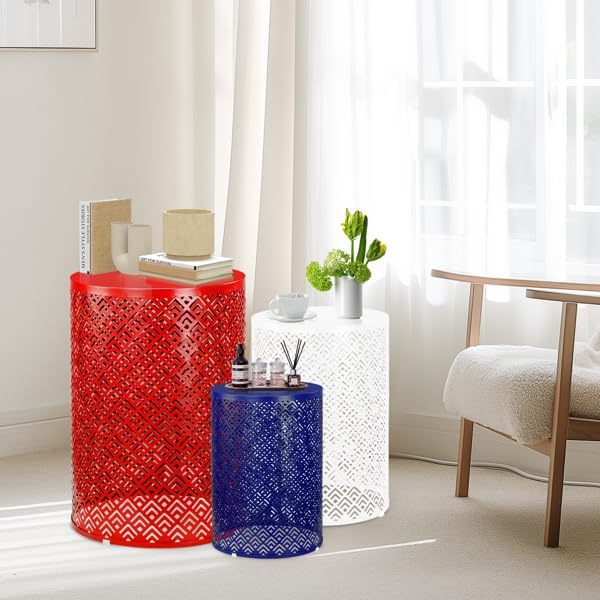 Outdoor Side Table Set of 3, Nesting Coffee End Tables Indoor, Lightweight Patio Furniture for Balcony, Garden,Coffee Table for Indoor, Plant Stand Outdoor,12", 14", 16" H (Blue & White & Red)