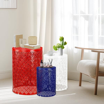 Outdoor Side Table Set of 3, Nesting Coffee End Tables Indoor, Lightweight Patio Furniture for Balcony, Garden,Coffee Table for Indoor, Plant Stand Outdoor,12", 14", 16" H (Blue & White & Red)